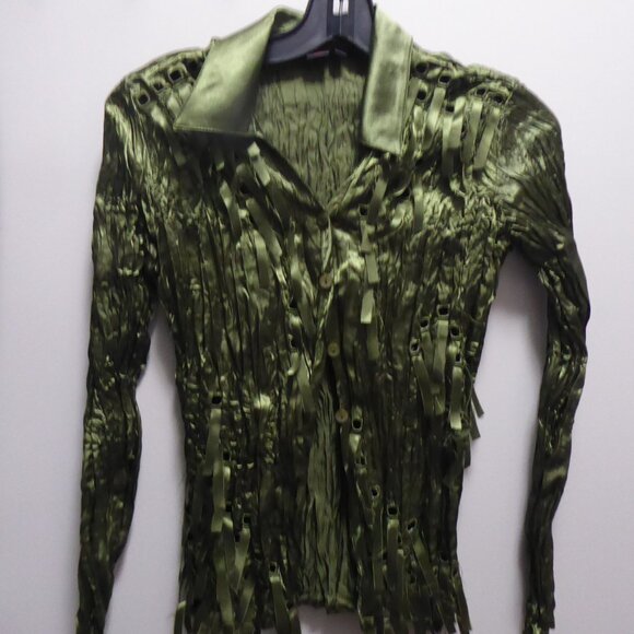 SIMON CHANG Stunning Emerald Green Creased Button Blouse - Picture 1 of 8